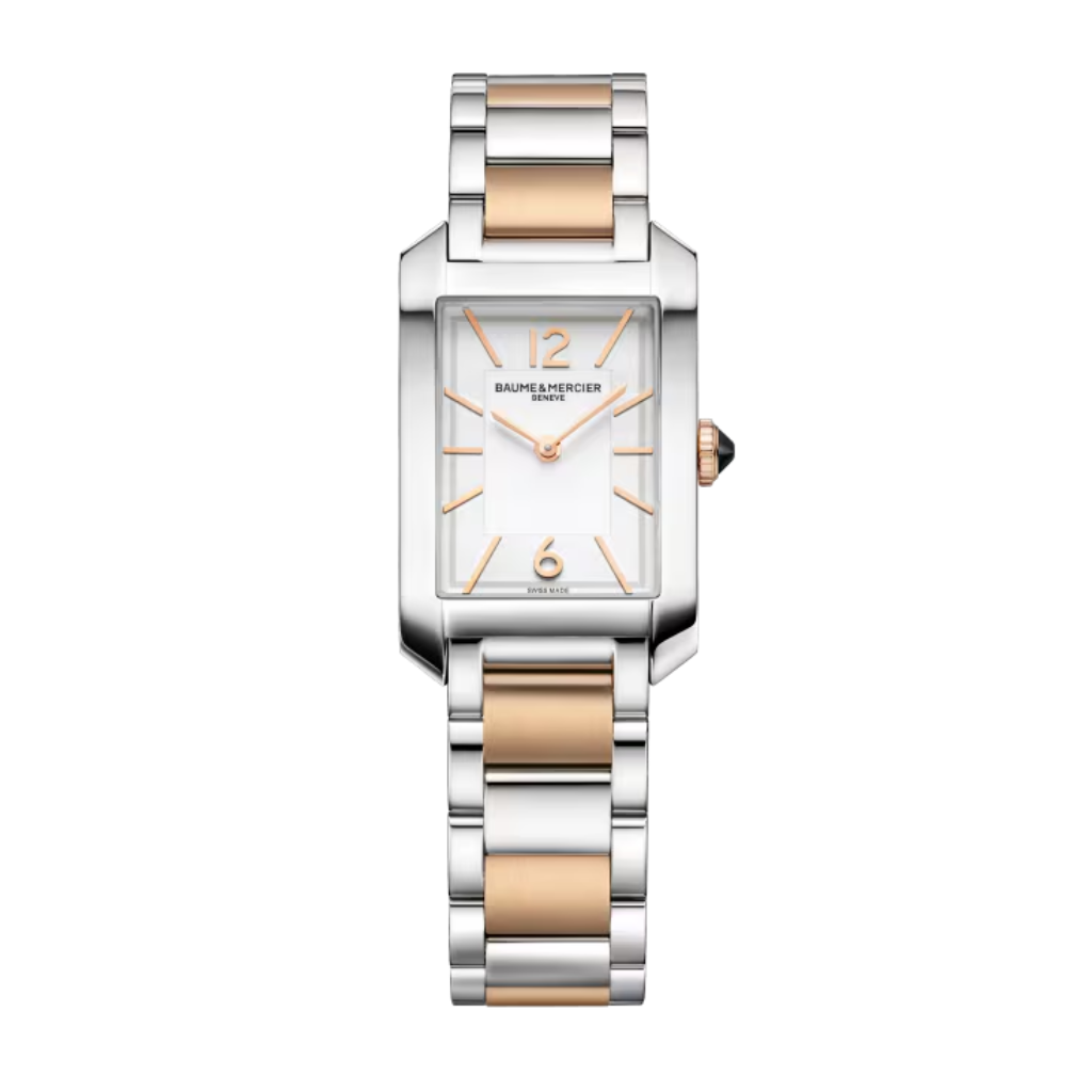 Reloj para mujer Baume &amp; Mercier con brazalete bicolor de acero y oro rosa y esfera opalina gris Swiss Made