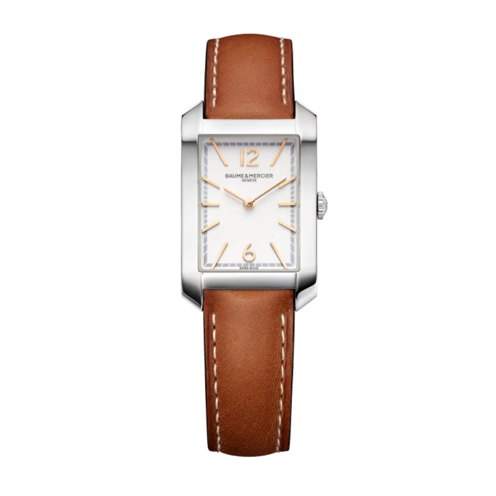Reloj para mujer Baume &amp; Mercier Hampton de cuarzo, con caja rectangular de acero, esfera plateada y correa de piel de becerro marrón claro. Swiss Made.