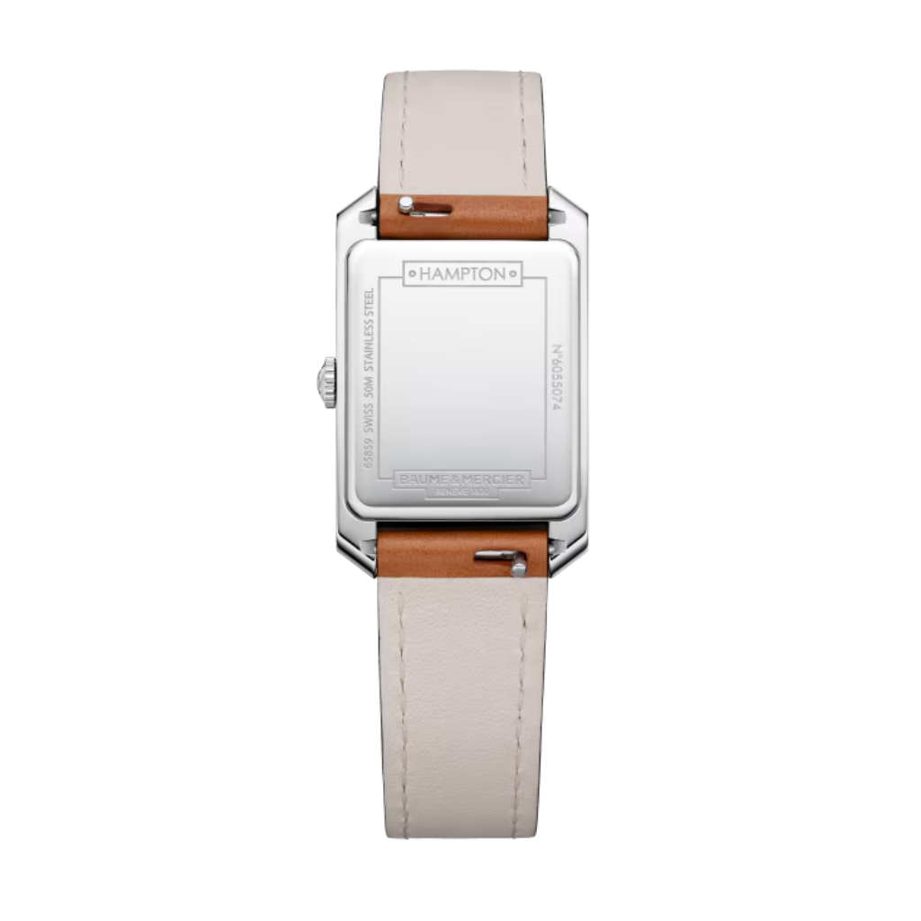 Reloj para mujer Baume & Mercier Hampton de cuarzo, con caja rectangular de acero, esfera plateada y correa de piel de becerro marrón claro. Swiss Made.