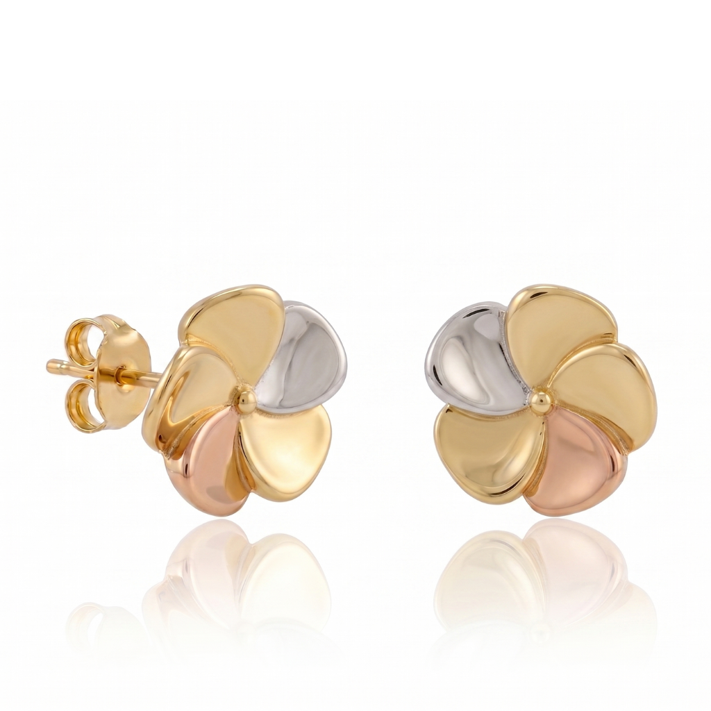 Pendientes de 18 quilates en oro amarillo, blanco y rosa con diseño de flor.