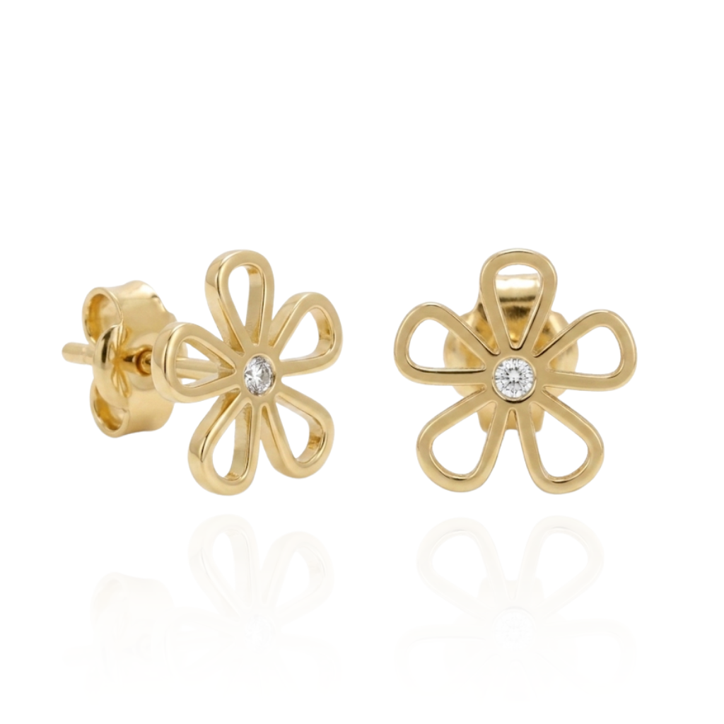 Pendientes de oro amarillo de 18 quilates con motivo flor y diamante.