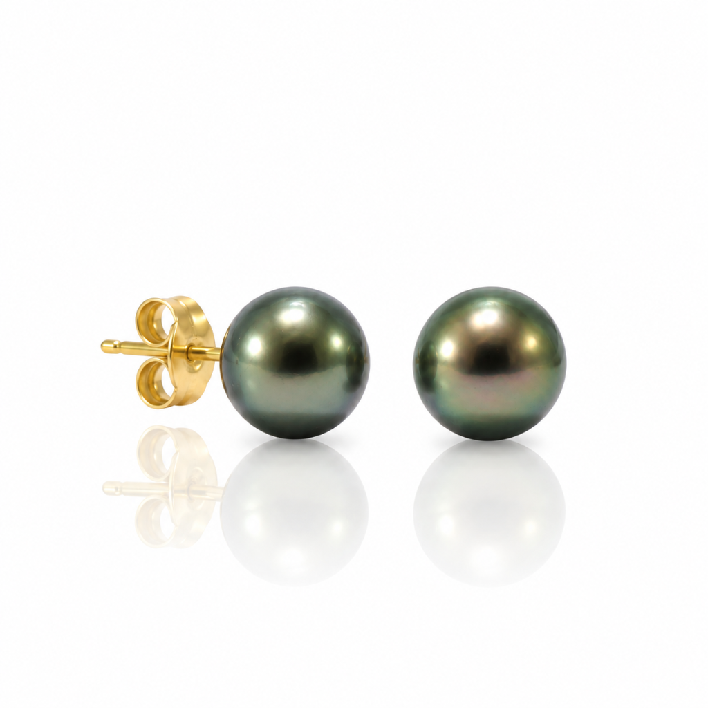 Pendientes de perla de Tahití con pernio y presión en oro amarillo de 18 kt.