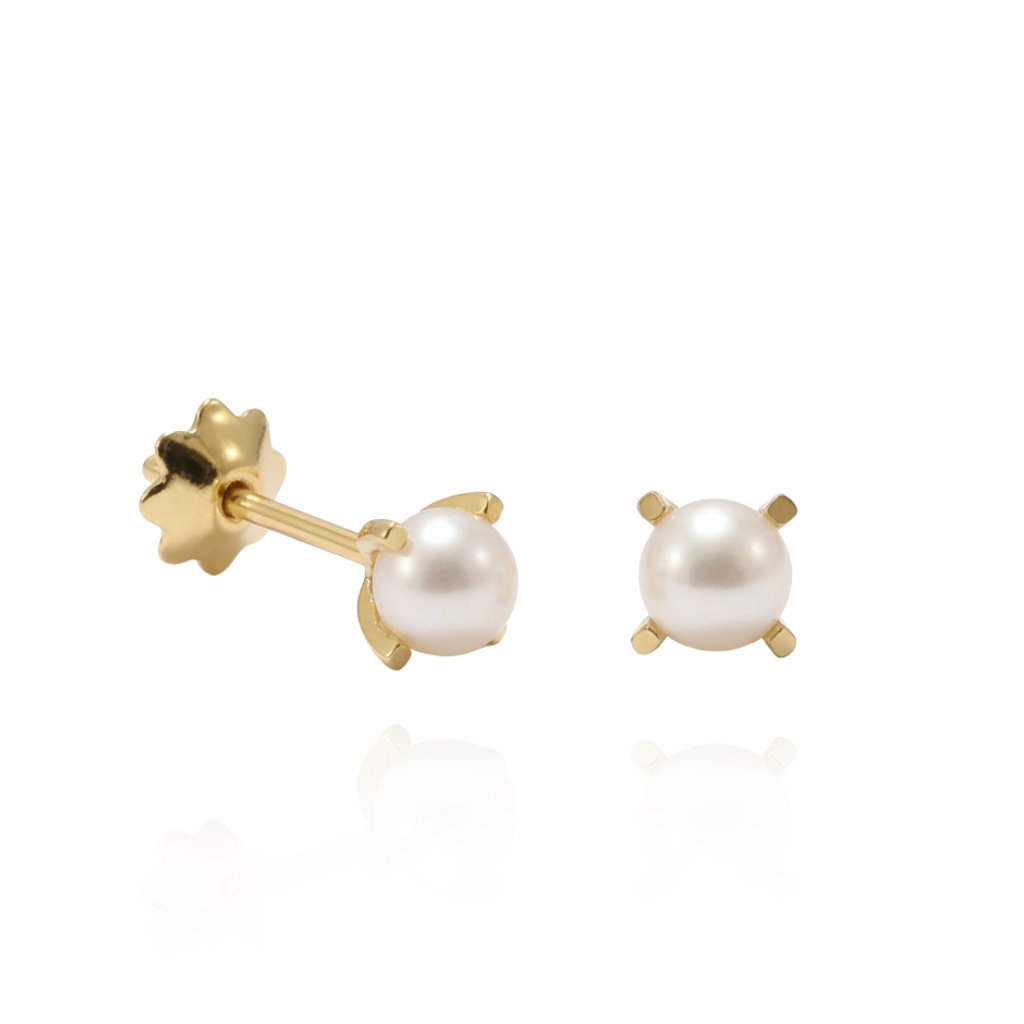 Pendientes de perla cultivada en 4 garras con pernio y presión en oro amarillo de 18 kt.