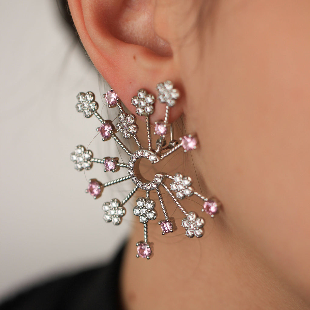 Pendientes en forma de flor en plata de primera ley con circonitas rosas florales