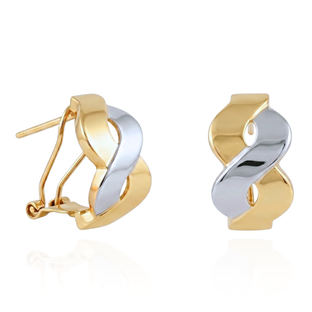 Pendientes de aro bicolores entrelazados de oro amarillo y blanco de 18 quilates.