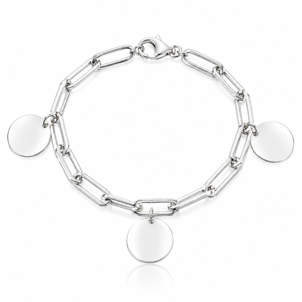 Pulsera realizada en plata de primera ley (925) compuesta por eslabones entrelazados y una chapa circular colgante.