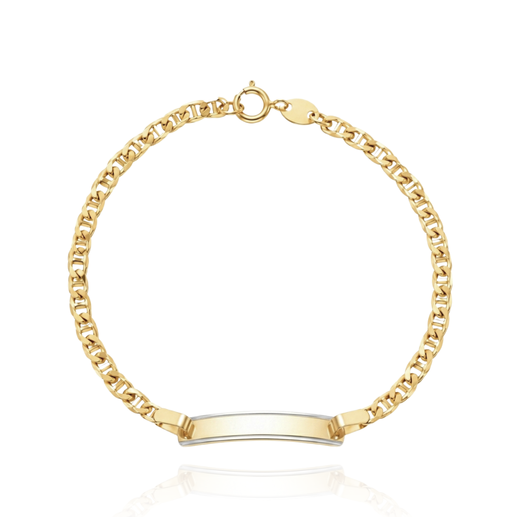 Pulsera realizada en oro amarillo y blanco de 18 quilates. Tiene una chapa para grabar.