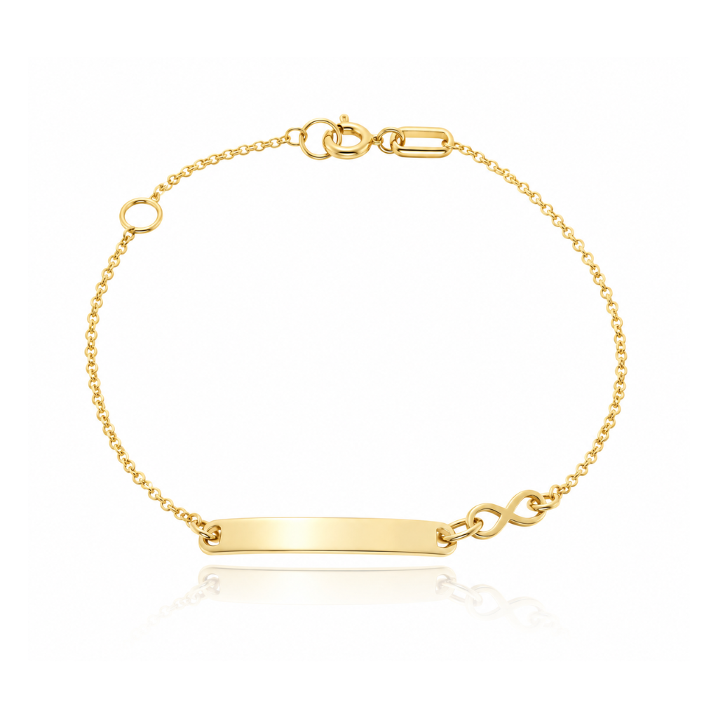 Pulsera pulsera realizada en oro amarillo de 18 quilates. Tiene una chapa para grabar. 