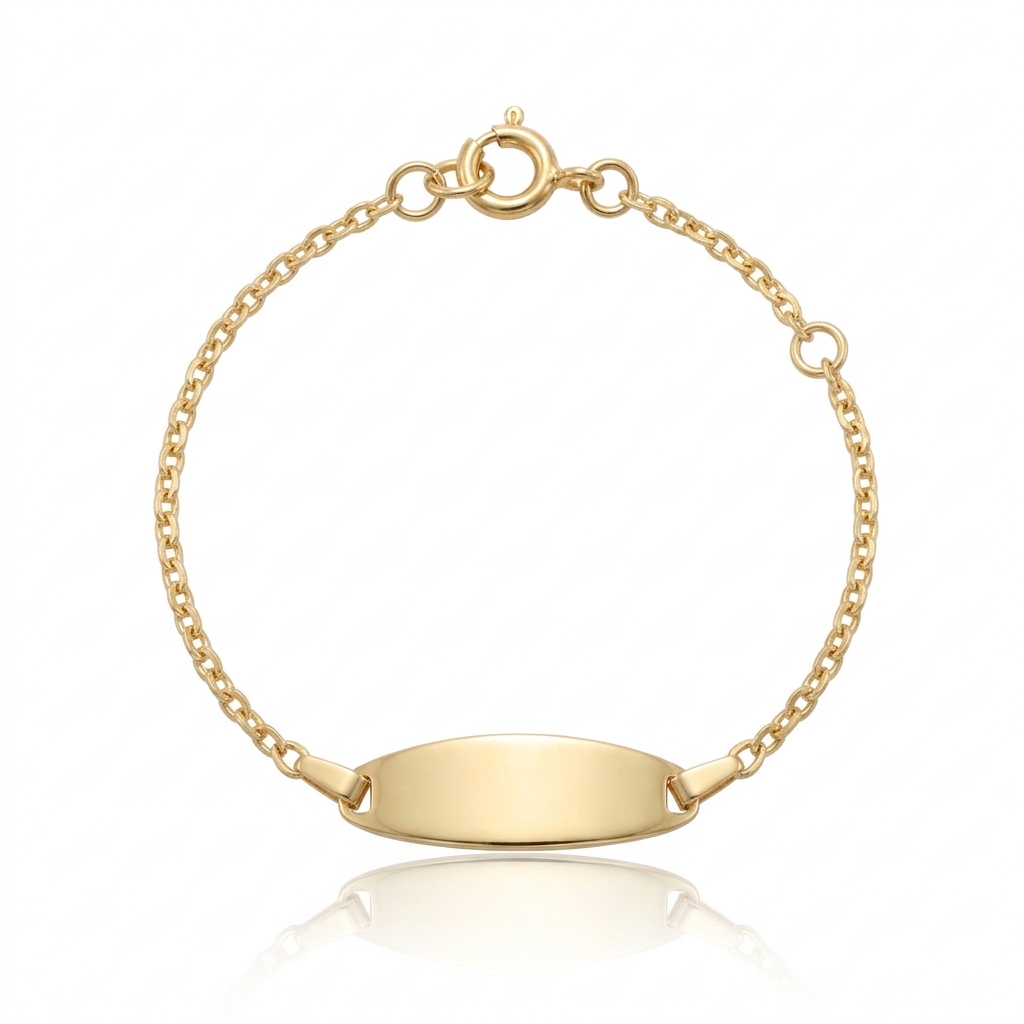 Pulsera de oro amarillo de 9 quilates con cadena de eslabones tipo Forzat y placa central ovalada lisa, ideal para personalizar con un grabado. Longitud de 13,5 cm.