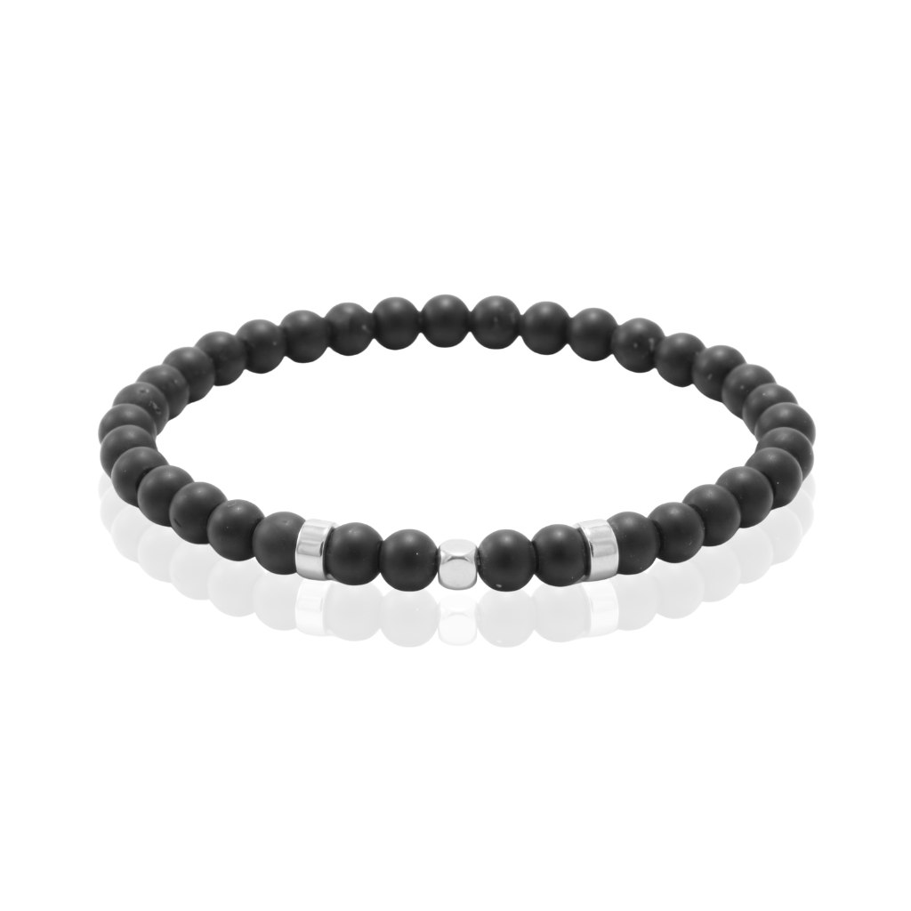 Pulsera elástica  de hombres con piedras de agata negras y motivos de oro blanco de 18 quilates 