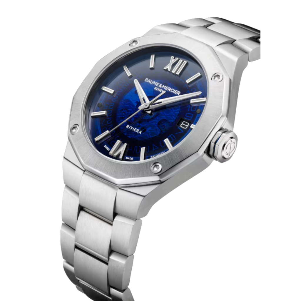 Reloj para hombre Baume & Mercier con brazalete de acero y esfera azul de zafiro con fecha Swiss Made