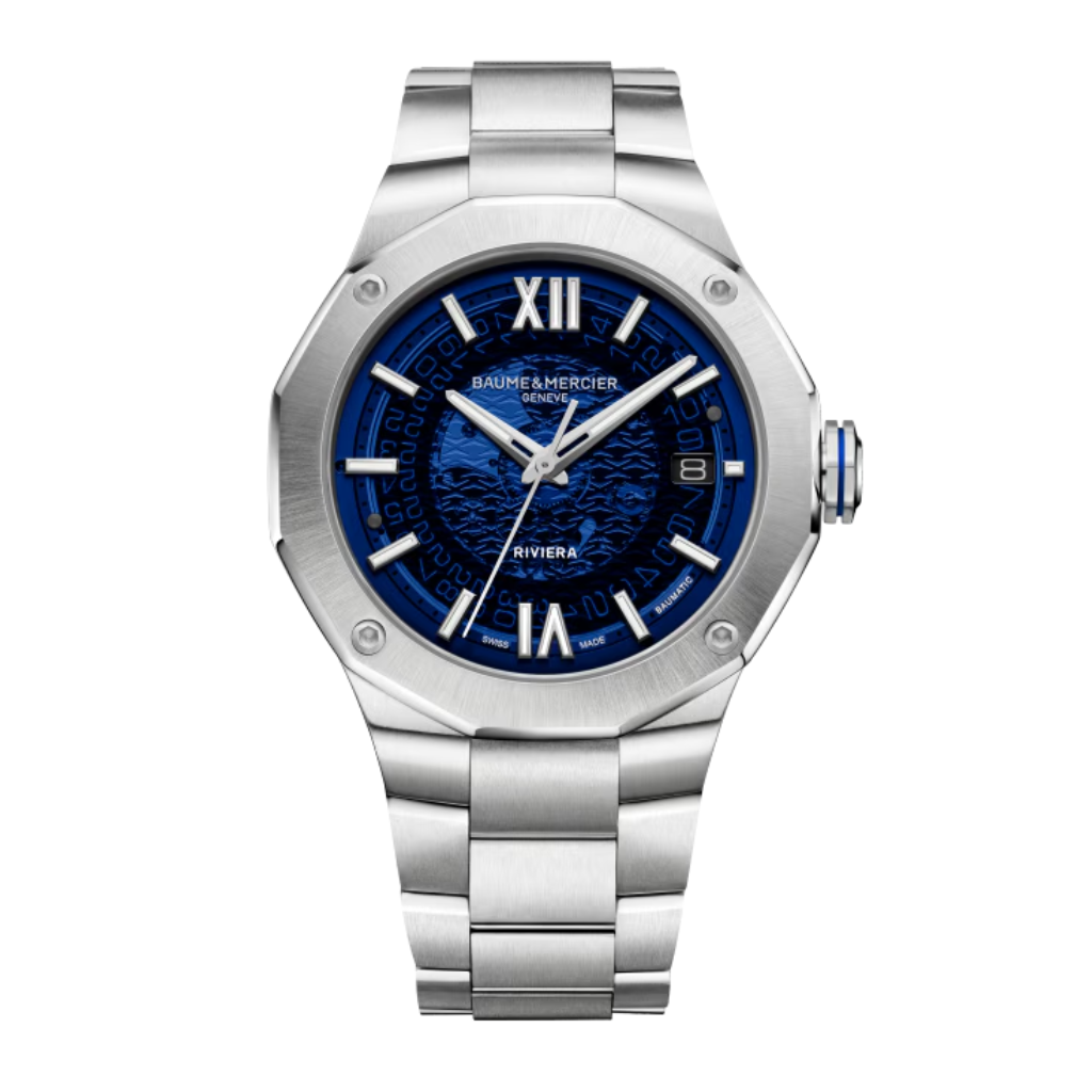 Reloj para hombre Baume &amp; Mercier con brazalete de acero y esfera azul de zafiro con fecha Swiss Made