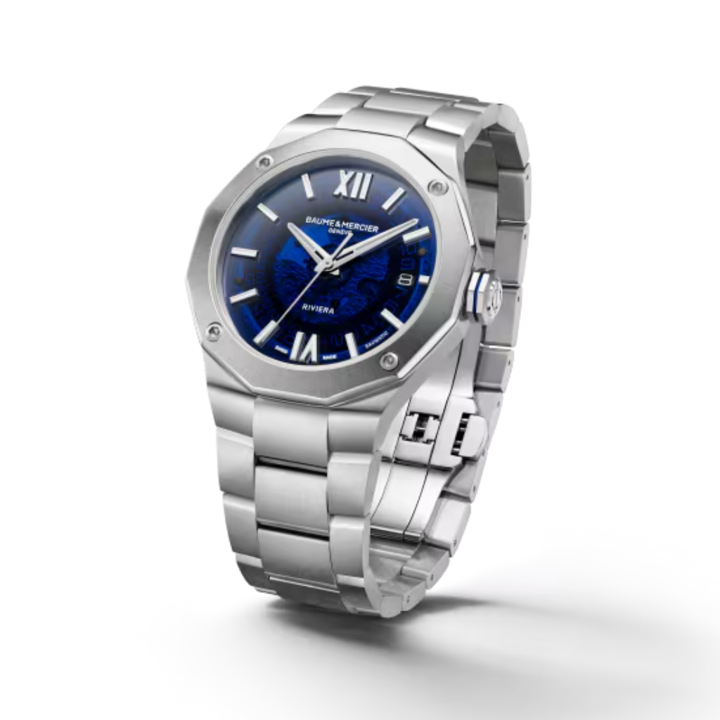 Reloj para hombre Baume & Mercier con brazalete de acero y esfera azul de zafiro con fecha Swiss Made