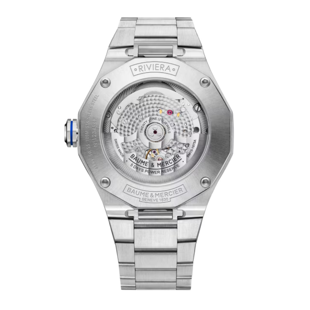 Reloj para hombre Baume & Mercier con brazalete de acero y esfera azul de zafiro con fecha Swiss Made