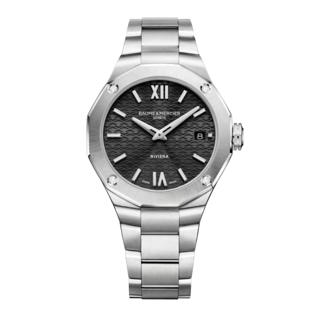 Reloj para mujer Baume &amp; Mercier con brazalete de acero y esfera negra con fecha y diamantes Swiss Made