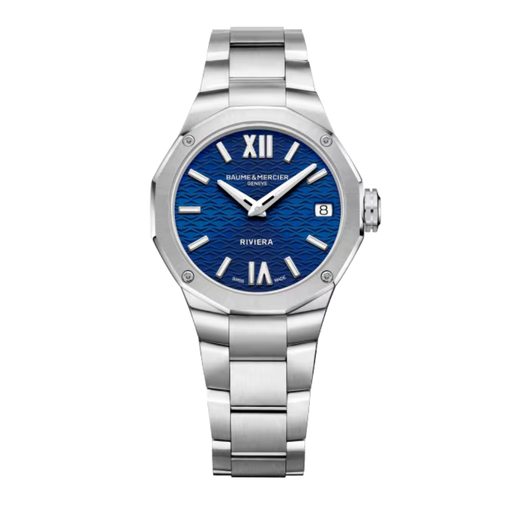 Reloj para mujer Baume &amp; Mercier con brazalete de acero y esfera azul con fecha Swiss Made
