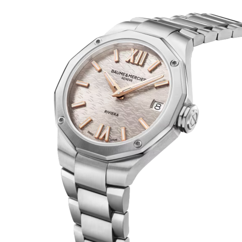 Reloj para mujer Baume &amp; Mercier con brazalete de acero y esfera de nácar blanco engastada con diamantes con fecha Swiss Made