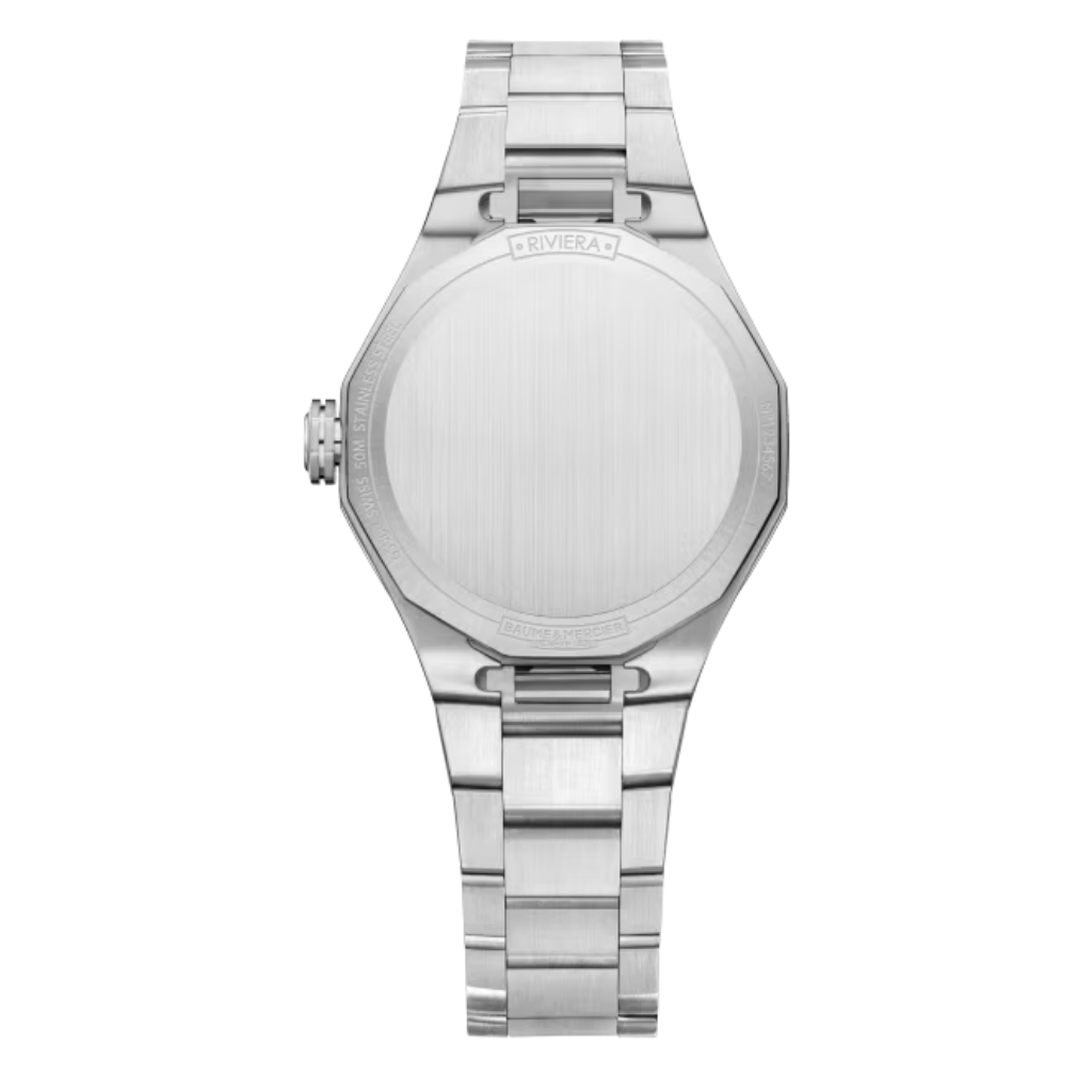 Reloj para mujer Baume &amp; Mercier con brazalete de acero y esfera de nácar blanco engastada con diamantes con fecha Swiss Made