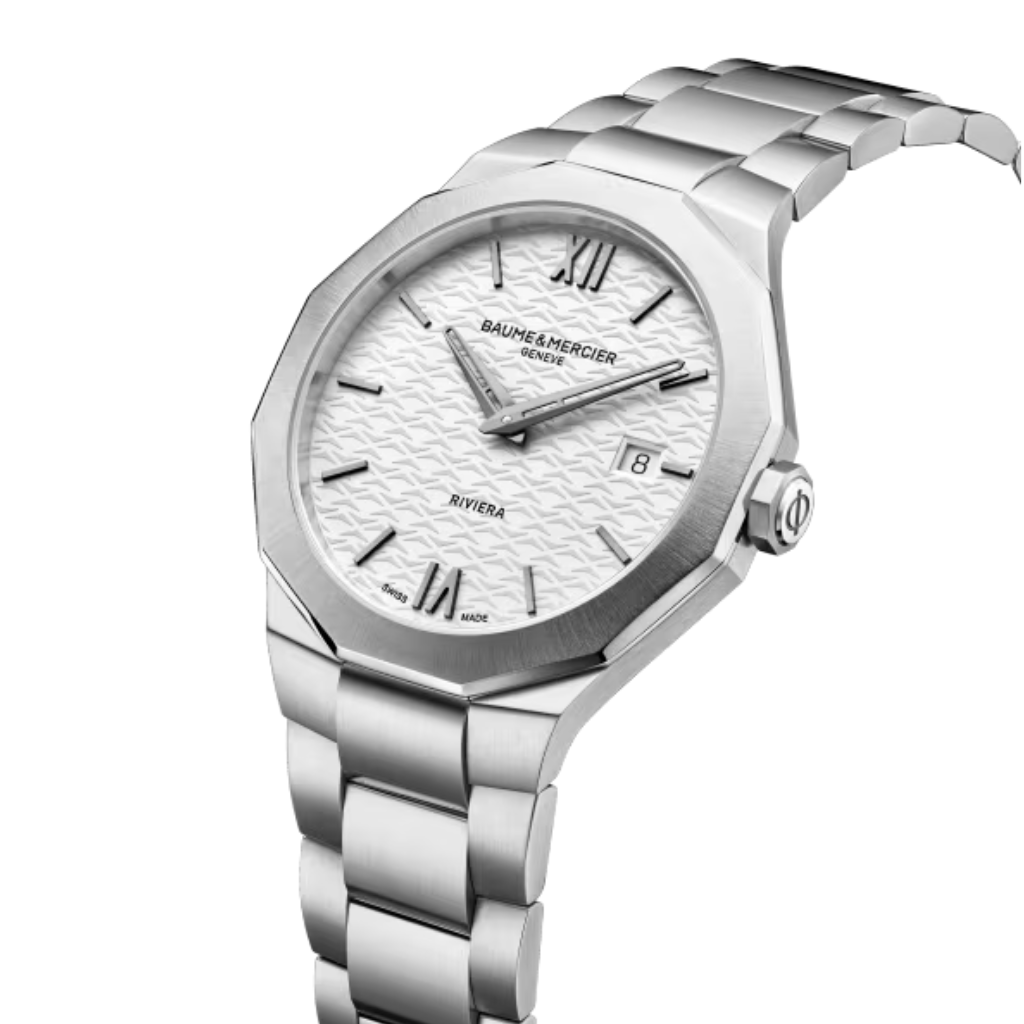 Reloj para hombre Baume &amp; Mercier con brazalete de acero y esfera blanca con fecha Swiss Made