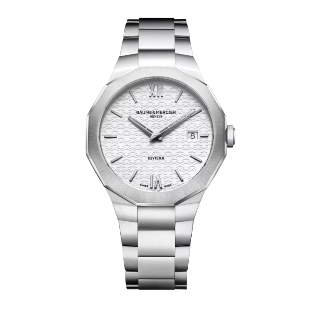 Reloj para hombre Baume &amp; Mercier con brazalete de acero y esfera blanca con fecha Swiss Made
