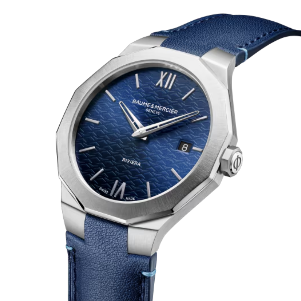 Reloj para hombre Baume & Mercier con correa de piel azul oscuro y esfera azul satinado sol con fecha Swiss Made
