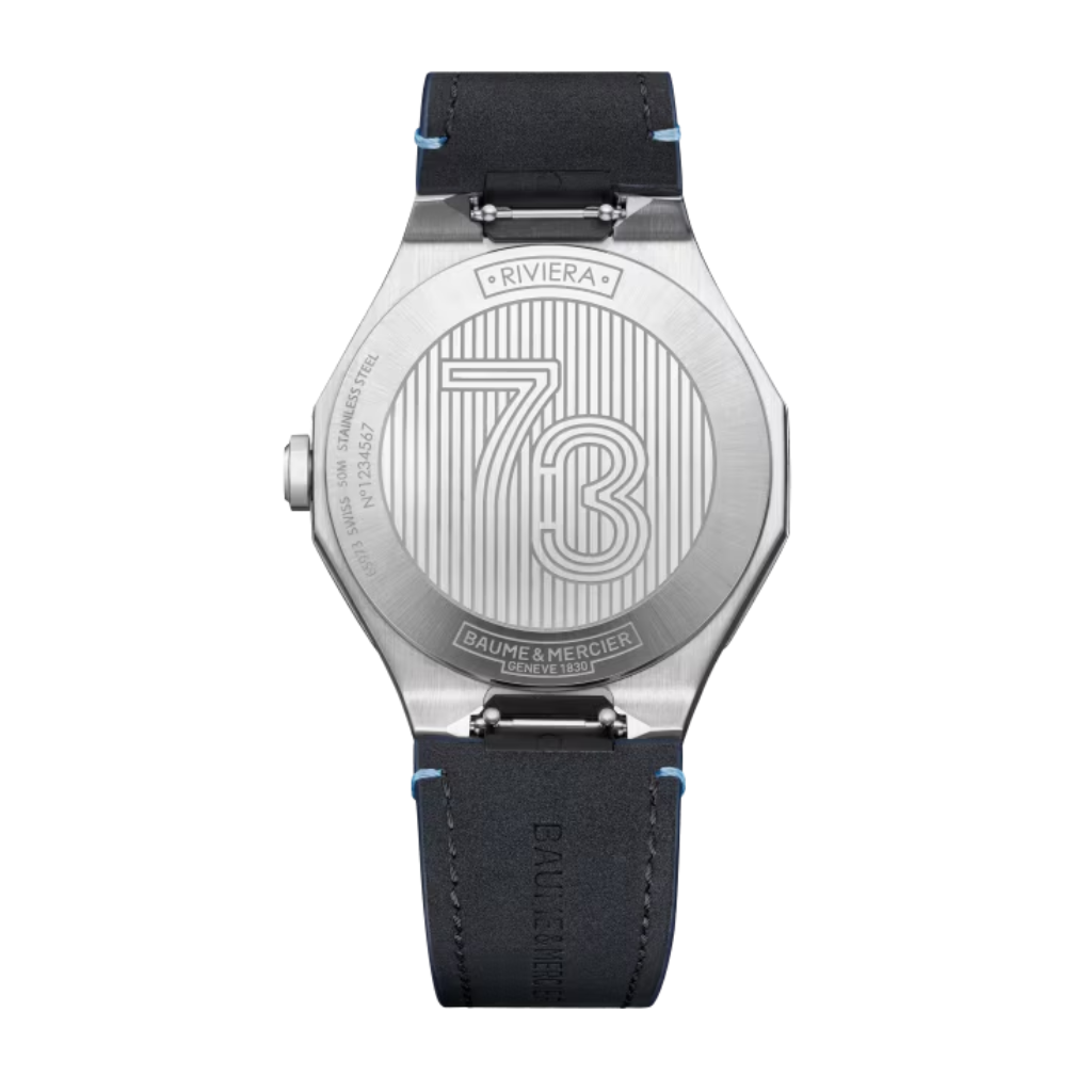 Reloj para hombre Baume & Mercier con correa de piel azul oscuro y esfera azul satinado sol con fecha Swiss Made