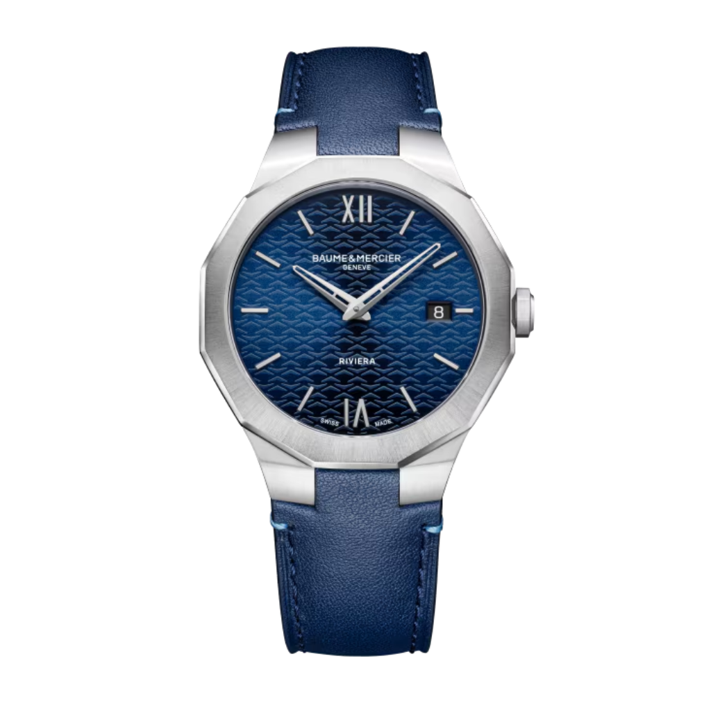 Reloj para hombre Baume & Mercier con correa de piel azul oscuro y esfera azul satinado sol con fecha Swiss Made