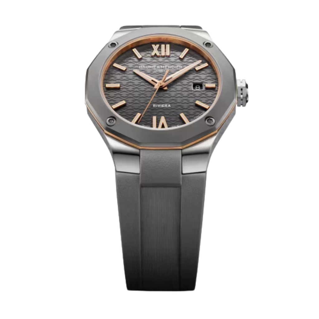 Reloj para hombre Baume & Mercier con correa de caucho gris y esfera gris con fecha Swiss Made