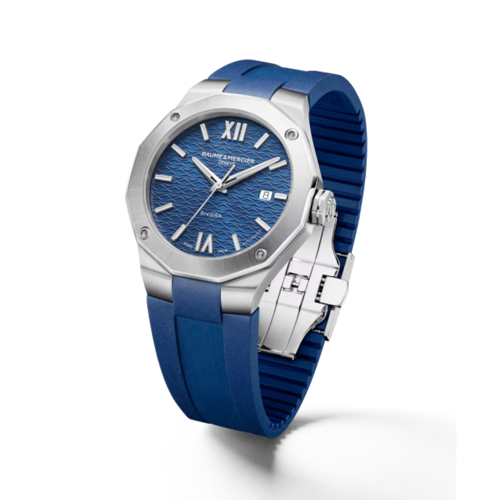 Reloj para hombre Baume & Mercier con correa de caucho azul y esfera azul con fecha Swiss Made