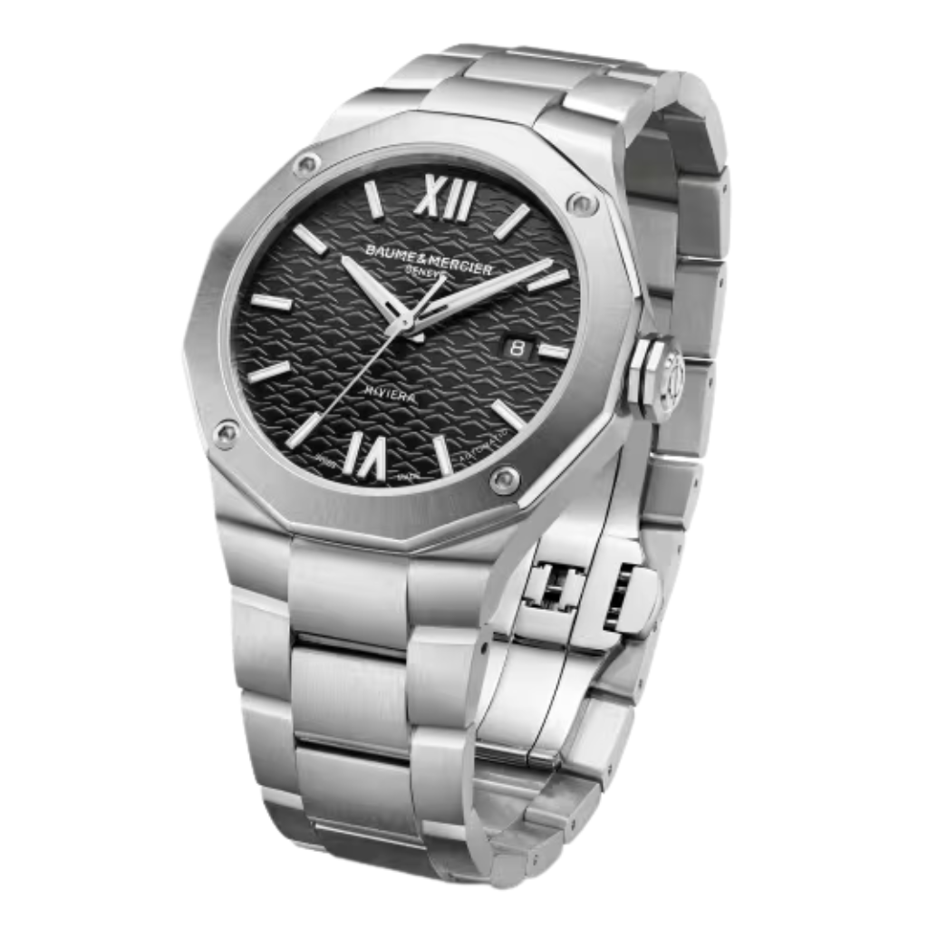 Reloj para hombre Baume & Mercier con brazalete de acero y esfera negra con fecha Swiss Made