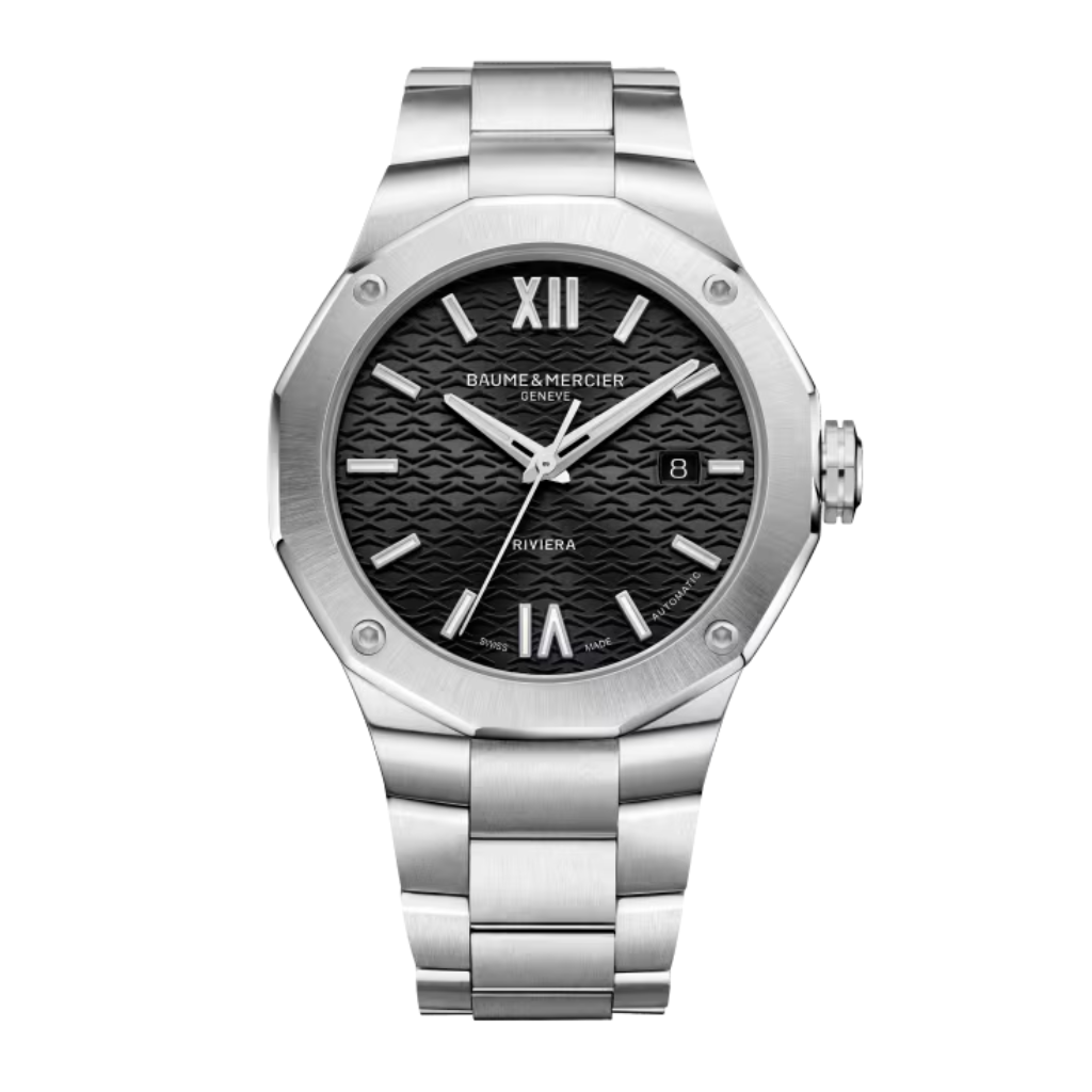Reloj para hombre Baume &amp; Mercier con brazalete de acero y esfera negra con fecha Swiss Made