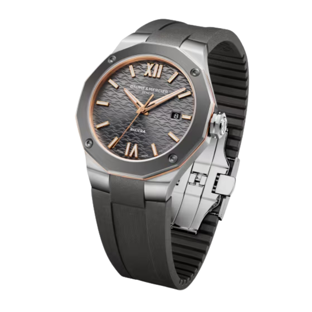 Reloj para hombre Baume & Mercier con correa de caucho gris y esfera gris con fecha Swiss Made