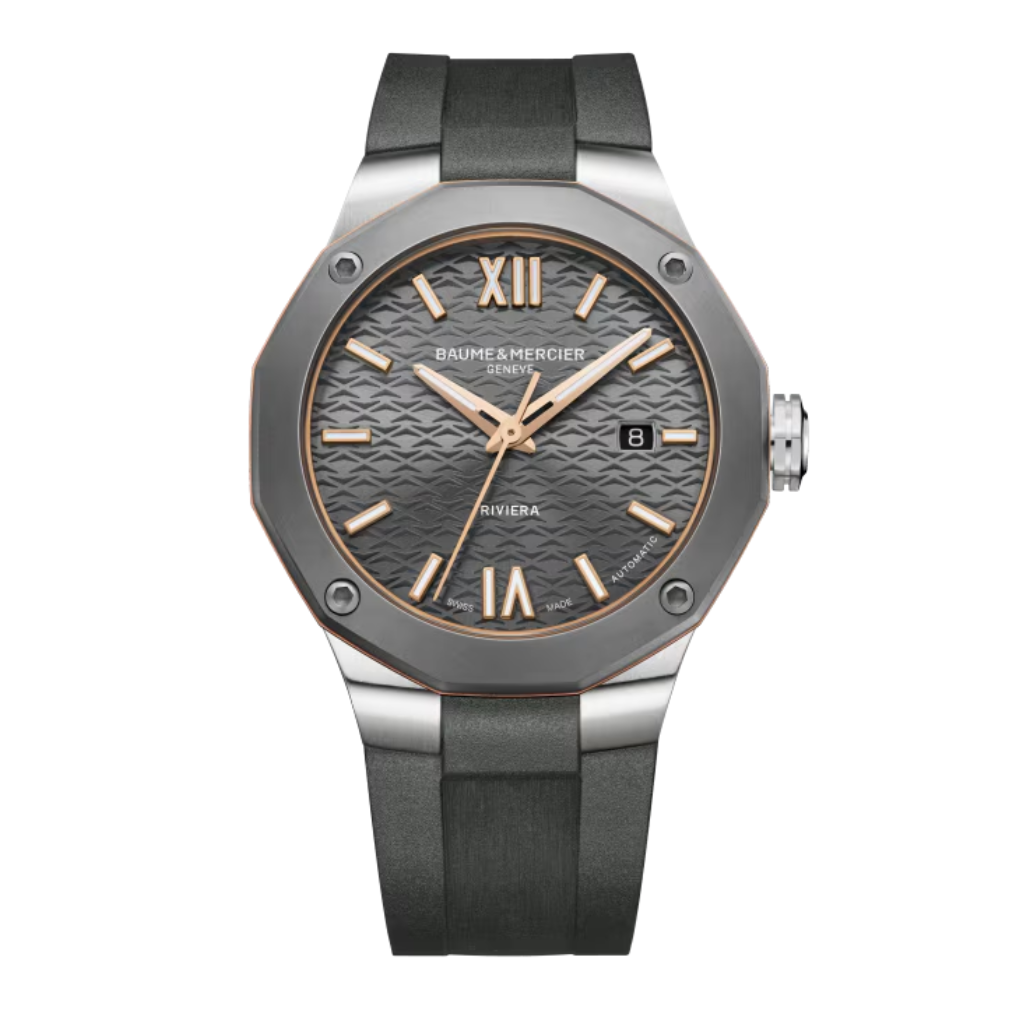 Reloj para hombre Baume &amp; Mercier con correa de caucho gris y esfera gris con fecha Swiss Made