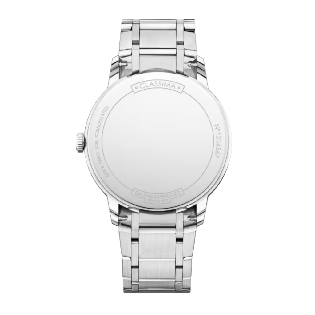 Reloj Baume ; Mercier Classima 10883 de Cuarzo con caja de 40 mm, esfera blanca plateada y fecha situada a las 3, con brazalete de acero. Disponible en BIJOYA, relojes Pamplona.