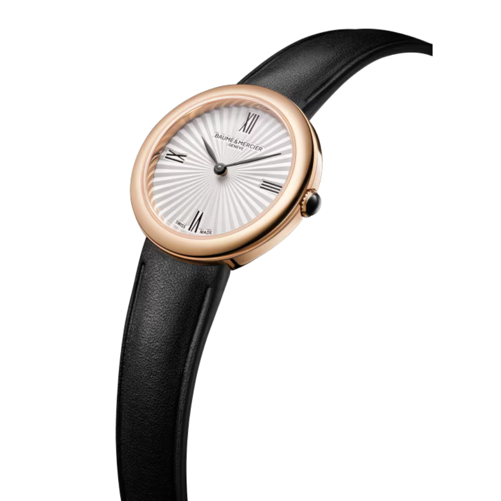 Reloj para mujer Baume & Mercier Joia 10849 de Cuarzo con caja de 28 mm de acero dorado PVD, esfera plateada y correa de piel negra. 