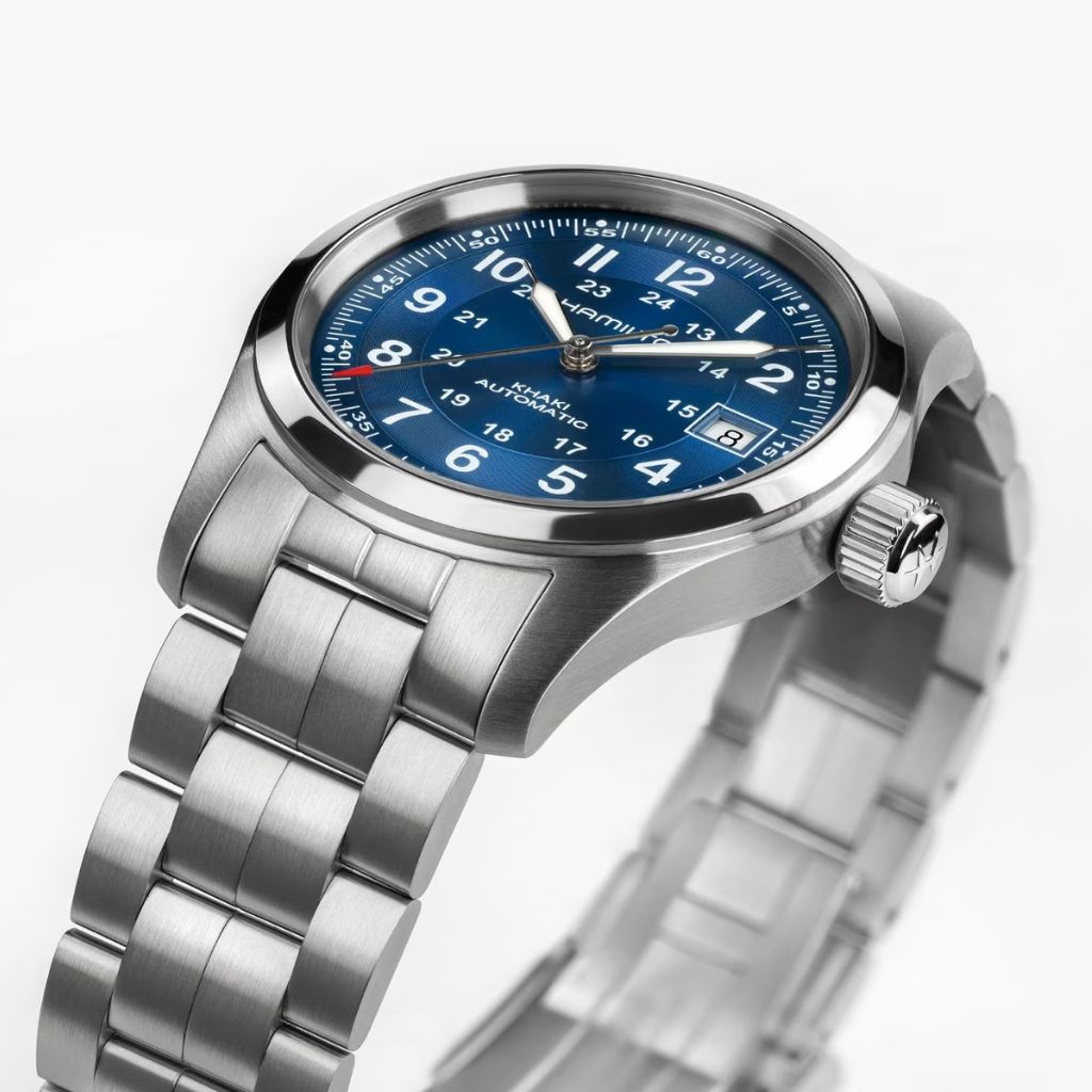 Reloj Hamilton Hamilton Hamilton Khaki Field Auto 38 mm con esfera azul y correa de acero. Joyería Pamplona.