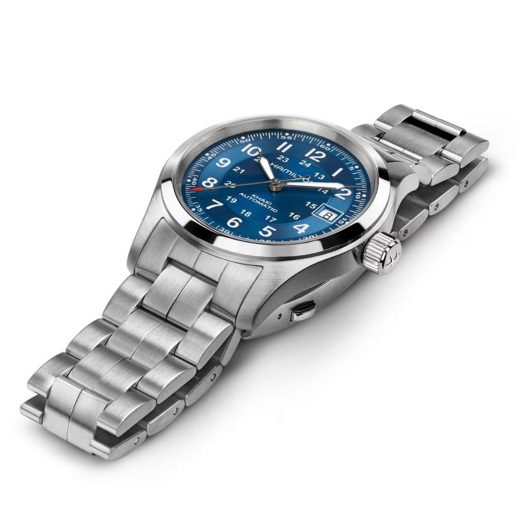 Reloj Hamilton Hamilton Hamilton Khaki Field Auto 38 mm con esfera azul y correa de acero. Joyería Pamplona.