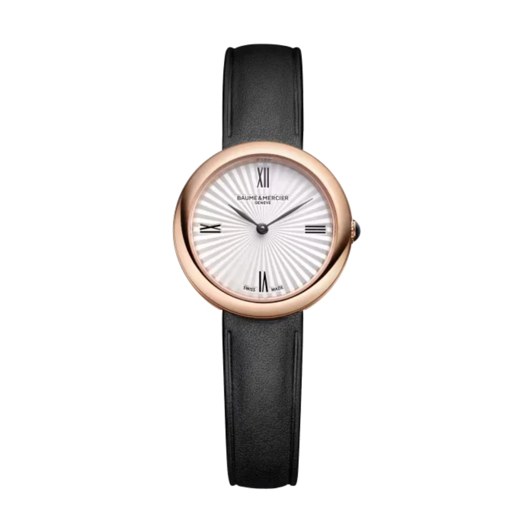 Reloj para mujer Baume &amp; Mercier Joia 10849 de Cuarzo con caja de 28 mm de acero dorado PVD, esfera plateada y correa de piel negra. 
