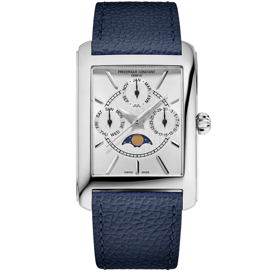 Reloj para hombre frederique constant esfera blanca con correa azul marino. Fases lunares y mes 
