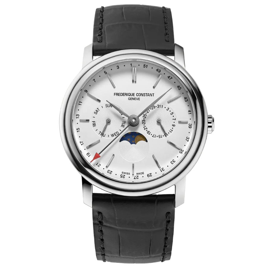 Reloj de hombre con esfera blanca y correa de piel negra con segundero y fases lunares 