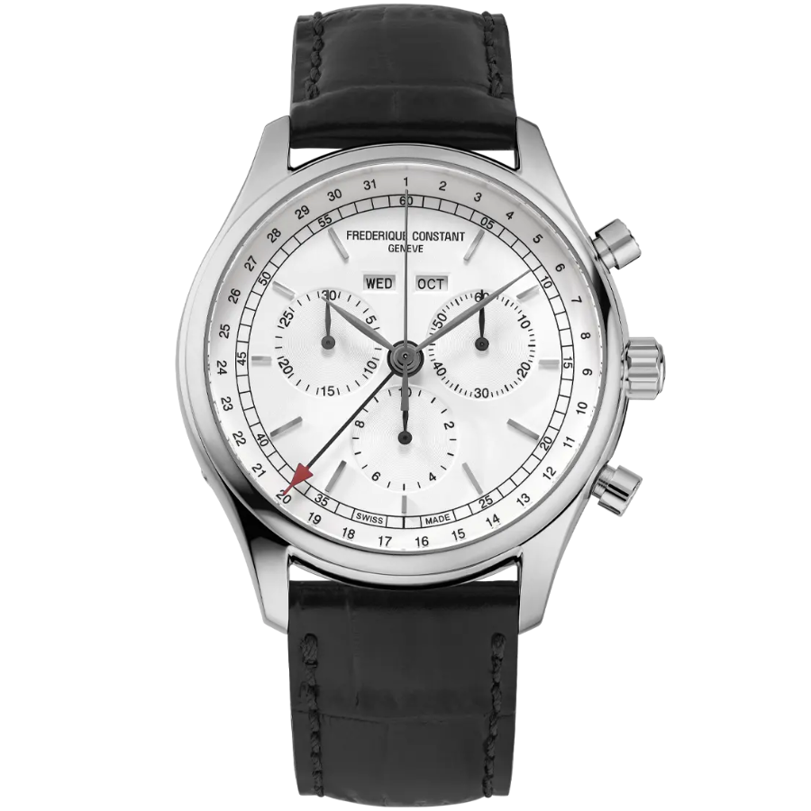 Reloj para hombre frederique constant con correa negra y esfera blanca con triple calendario swiss made 