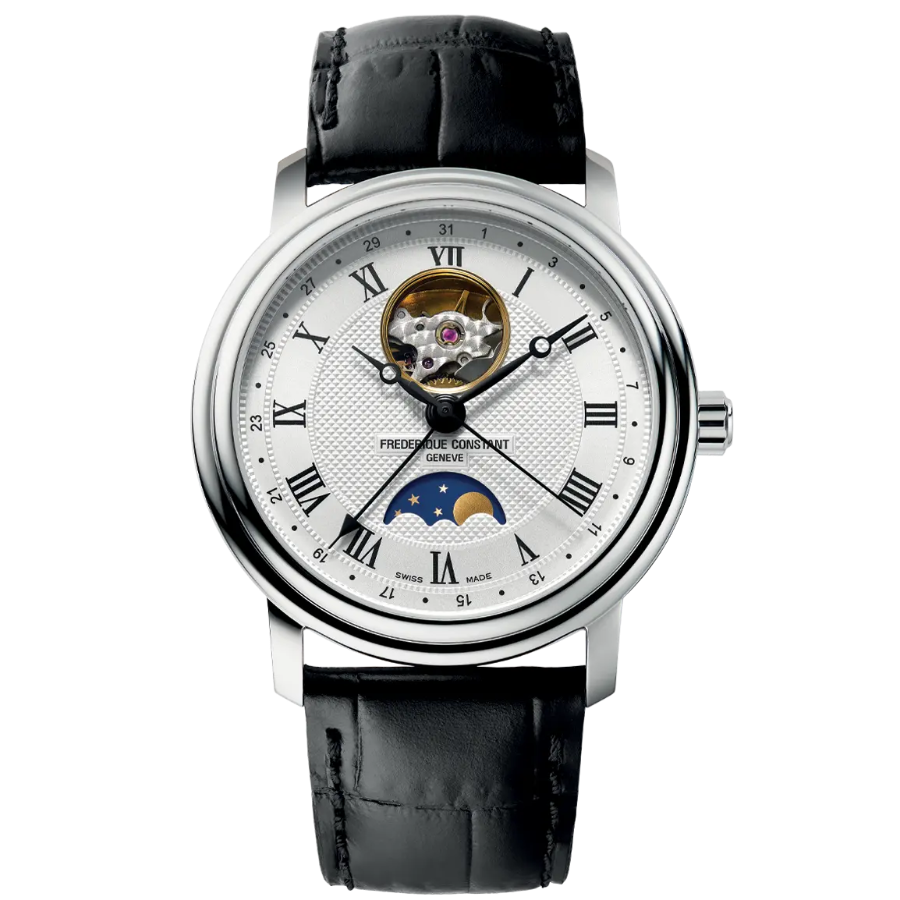 Reloj para hombre frederique constant con correa negra heart beat swiss made moonphase automatic