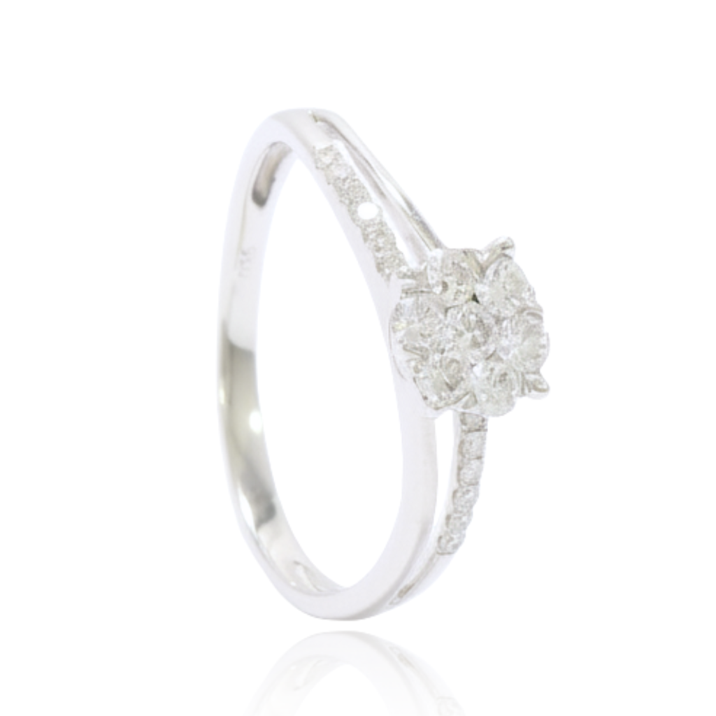 anillo compromiso oro blanco de 18 quilates con brazo doble y diamantes