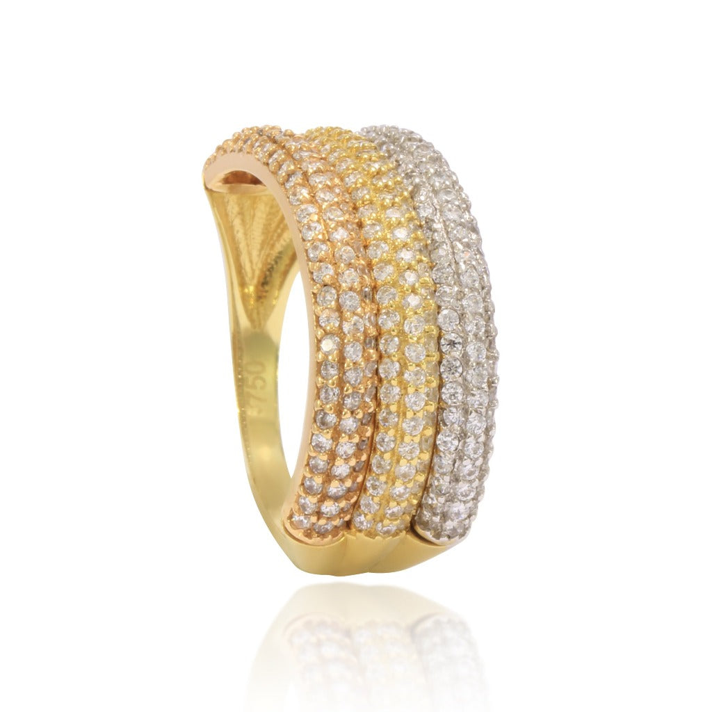 anillo triple de oro blanco, amarillo y rosa con circonitas joyería pamplona