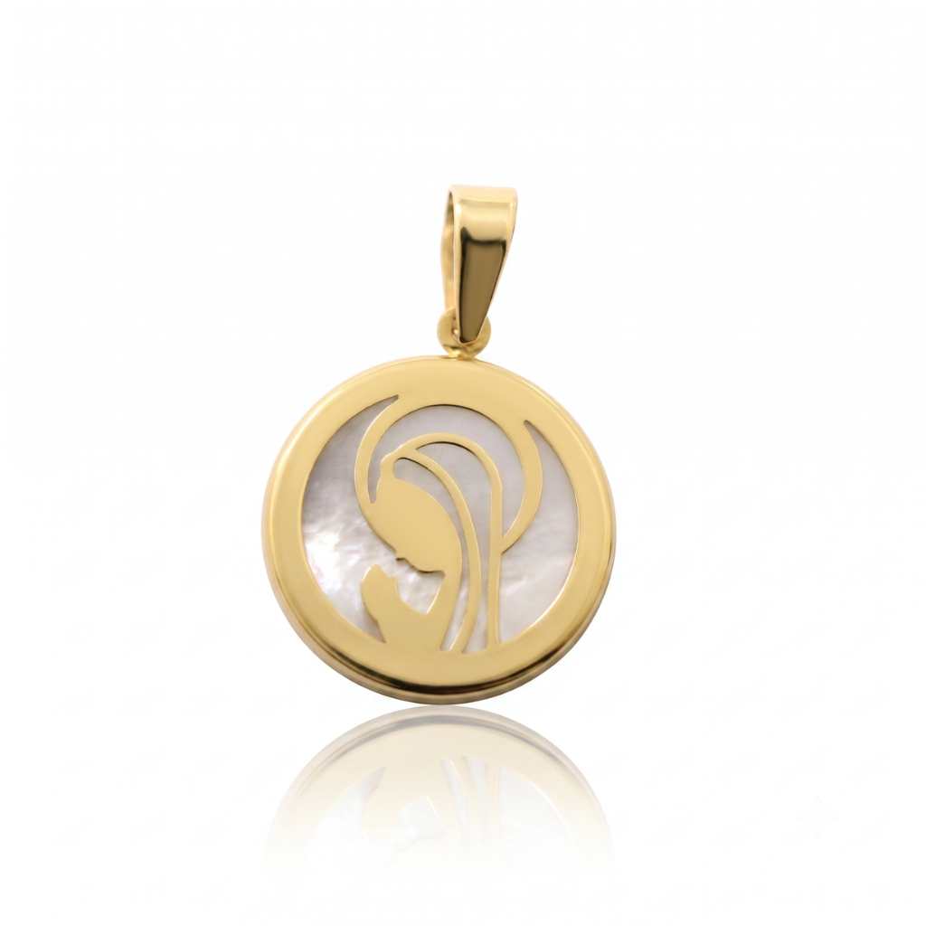 Colgante en oro de 18k y nacar con virgen niña con bisel