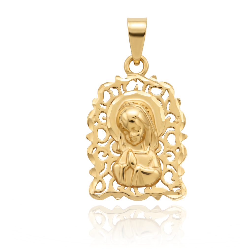 colgante viregen niña en relieve con marco realizado en oro amarillo de 18k
