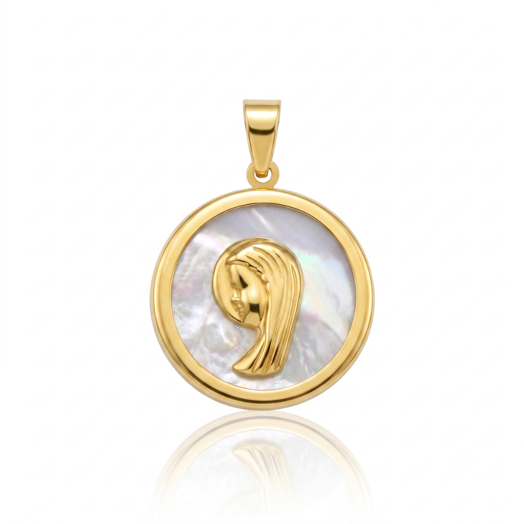 Colgante realizado en oro de 18k y nacar con virgen niña