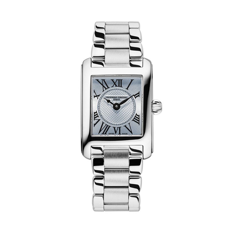 Reloj swiss made para mujer Frederique Constant Classics Quartz esfera azul claro sobre un brazalete de acero de tres eslabones. Disponible en BIJOYA, joyería de Pamplona.