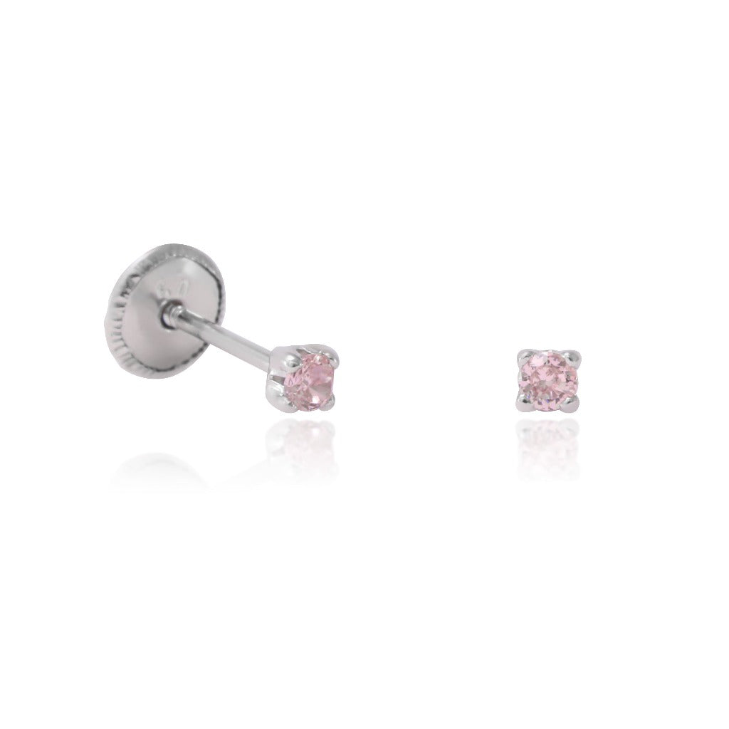 Pendientes bebé oro blanco solitario rosa