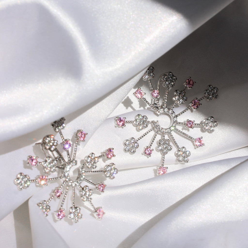 pendientes grandes flores en plata de primera ley con circonita rosa